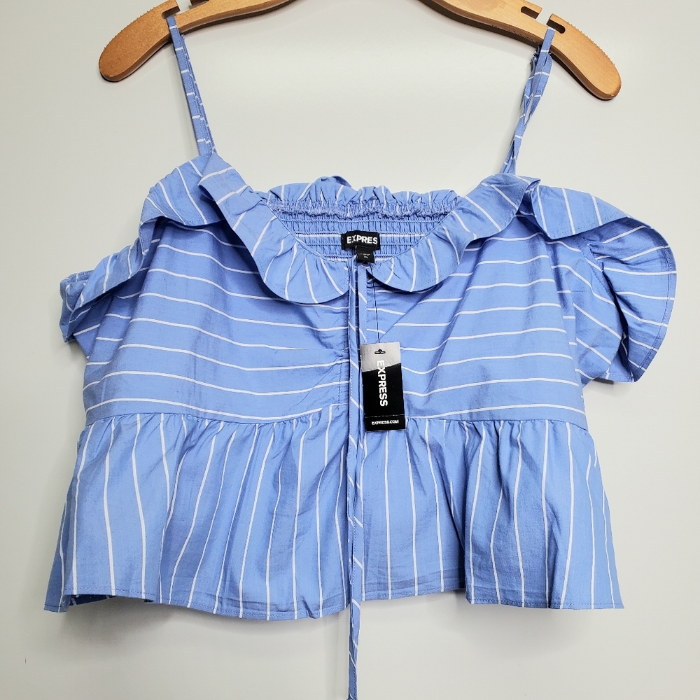NWT EXPRESS Pin Stripe Ruffle Crop Blue White Blouse Top Size XL